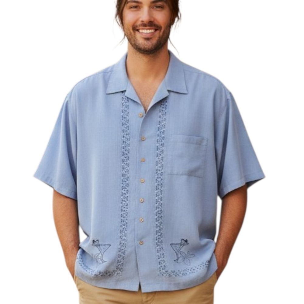 Cubavera Button Camp Shirt Embroidered Martini Cocktail Glasses Blue 3X